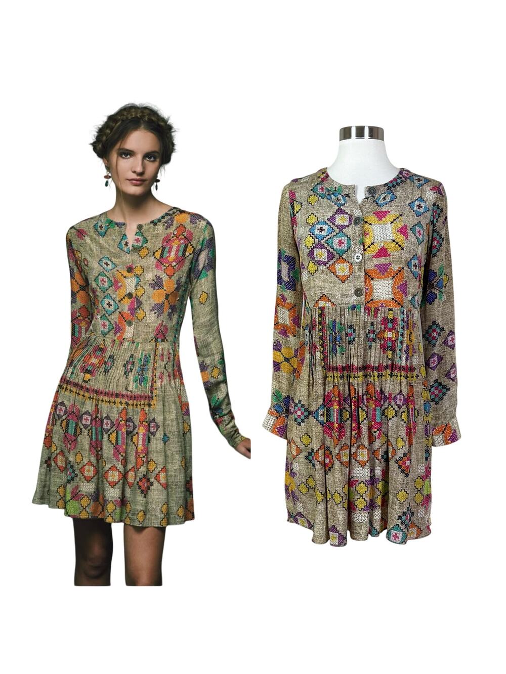 Anthropologie | Silk Hemant & Nandita Pintucked Prima Geometric Print Mini Dress